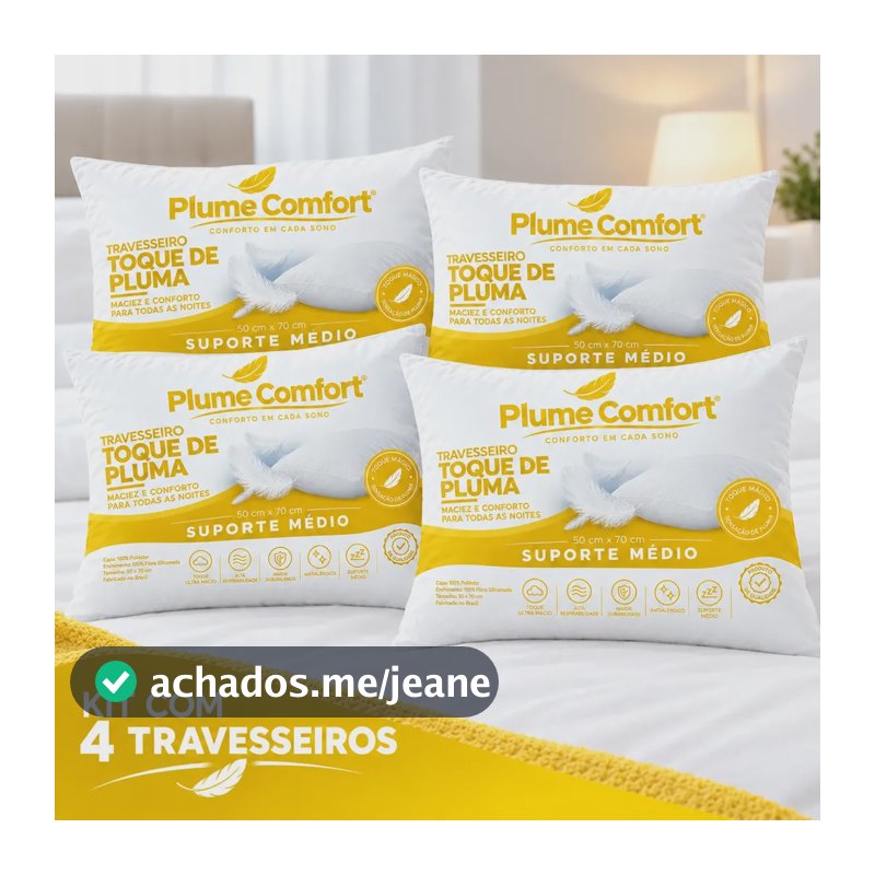 Kit 4 Travesseiros Pluma 50x70 Antialérgico Plume Comfort Branco
