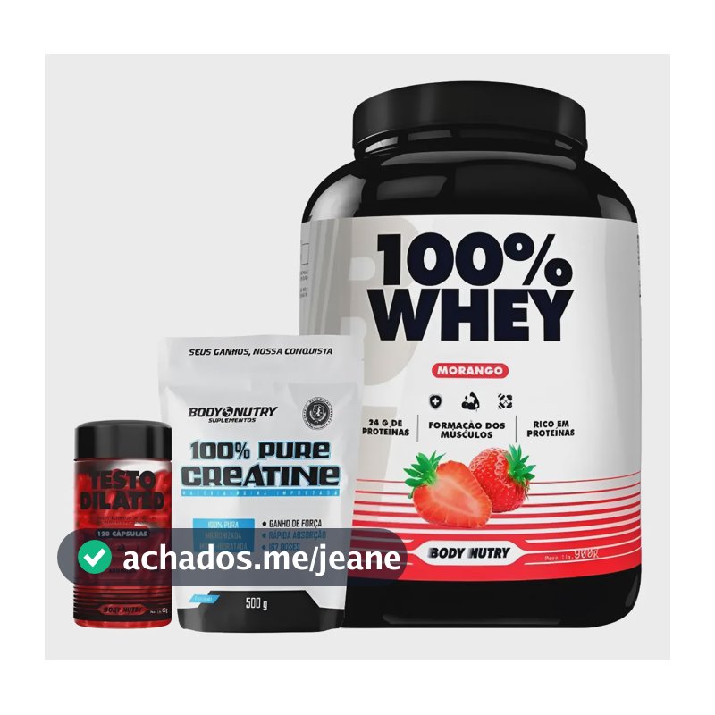 Kit 100% Whey 900g + Creatina 500g + Testo Dilated 120 Cáps Morango