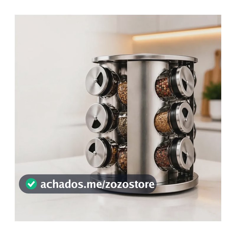 Porta Condimentos Giratório Aço Inox Com 12 Potes Vidro 360º Prateado