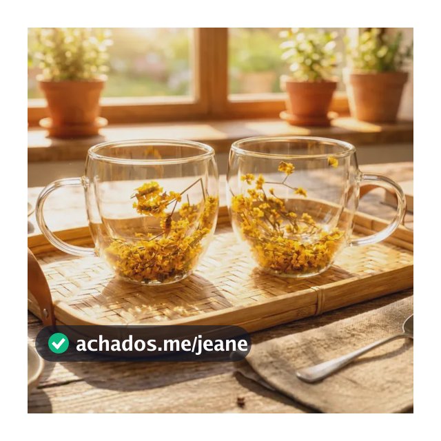 2 Xicaras Canecas Vidro Parede Dupla Flores Secas Café Chá