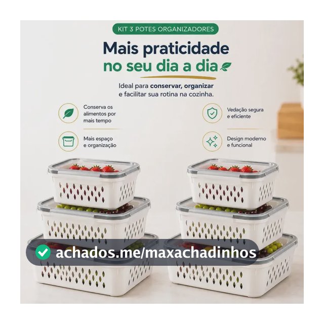 Conjunto Kit 6 Organizadores Geladeira Transparente Hermético Escorredor Cesto Frutas Alimentos Verduras Legumes Dasv