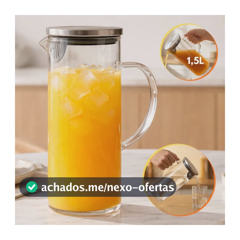 Jarra Vidro Borossilicato 1,5 Litros Tampa Inox Hermética Agua Suco Transparente