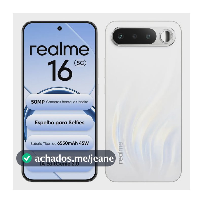 Smartphone Celular Realme 16 5g 256gb 12gb Ram Dual Sim Câmera De 50mp Lumacolor Image Espelho para Selfies Bateria 6550mah, Resistência à água Ip69 Pro, 4200nit Amoled Branco