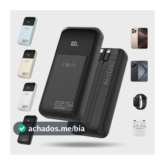 Power Bank 20000mah Portátil Rápida 22.5w Com Cabo Embutido