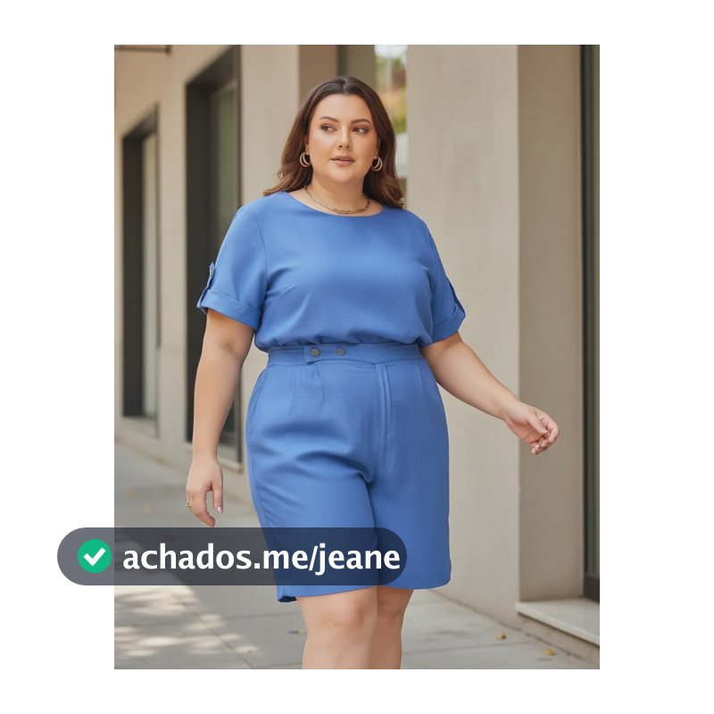 Conjunto Linho Plus Size Blusa E Short Detalhes Botão Azul Jeans Gg