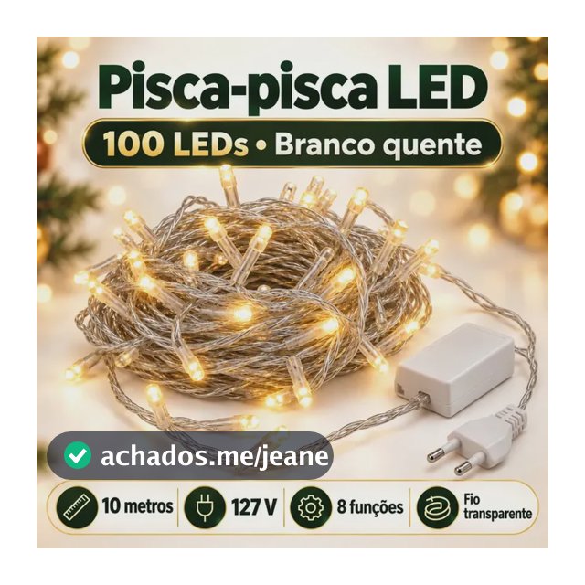Cordão Pisca Pisca de Natal Vapt Vupt 100 LEDs Branco Quente 10m