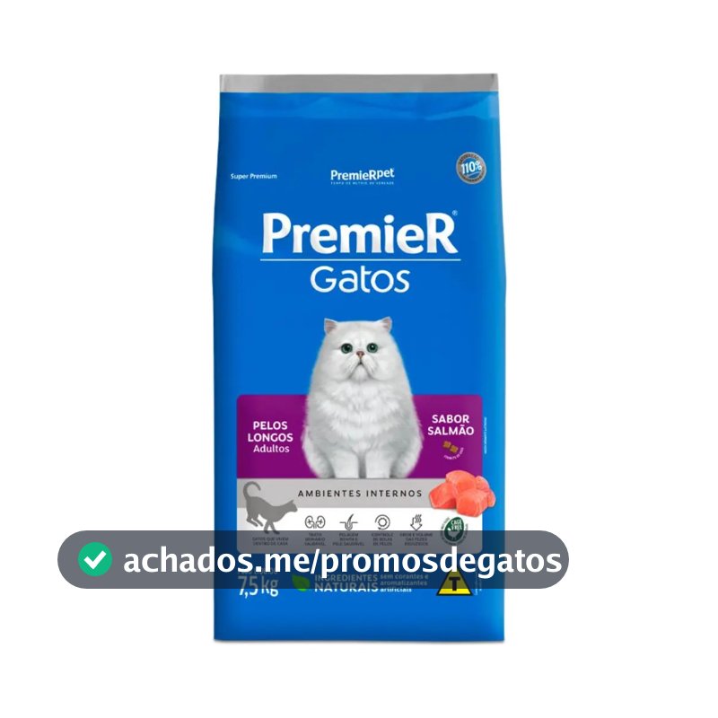 Ração Seca Gato Adulto Premier Super Premium Pelos Longos Sabor Frango 7.5kg