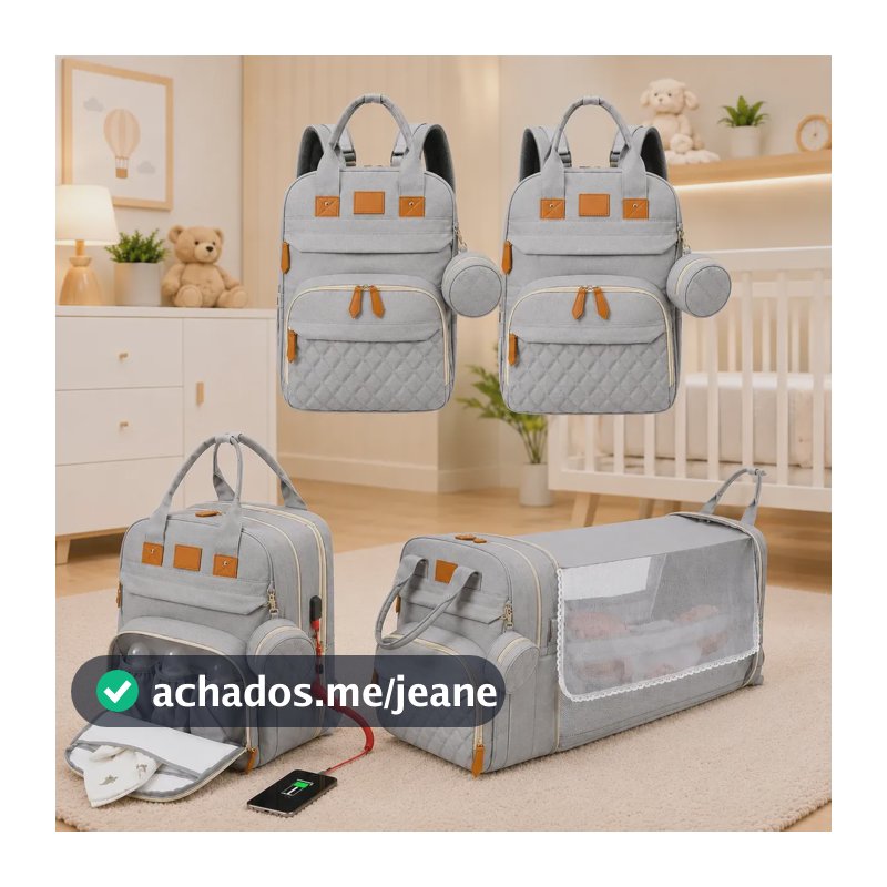 Bolsa Maternidade Bebe Berço Trocador Mochila E Mosquiteiro Cinza Losango
