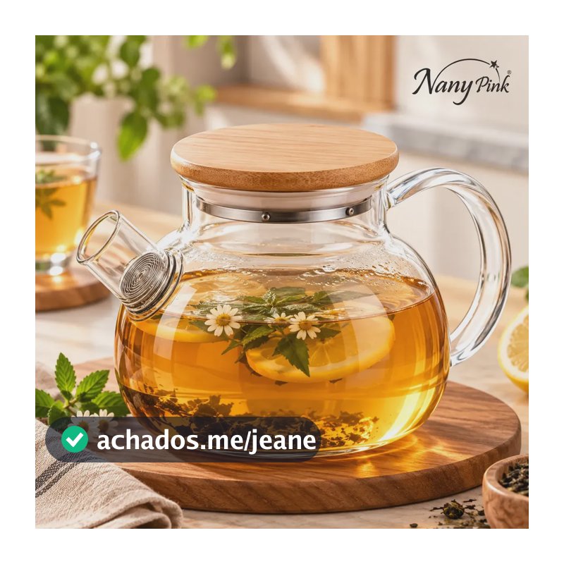 Bule Chaleira de Vidro Borossilicato 800ml com Tampa de Bambu e Filtro Infusor Inox para Chá Café Água Quente - Nany Pink