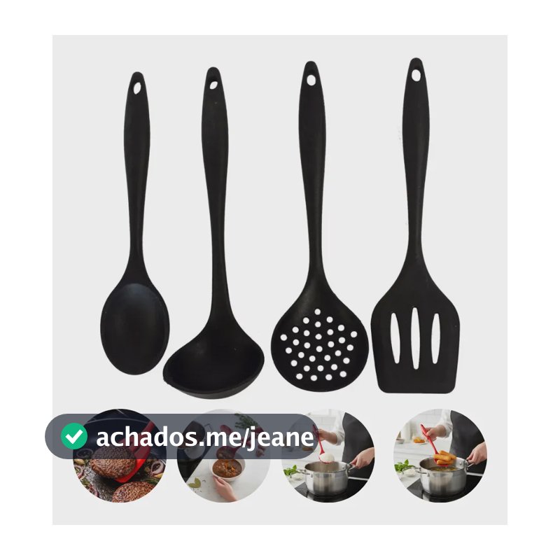 Kit 4 Silicone Concha Colher Escumadeira Espátula Hambúrguer Preto