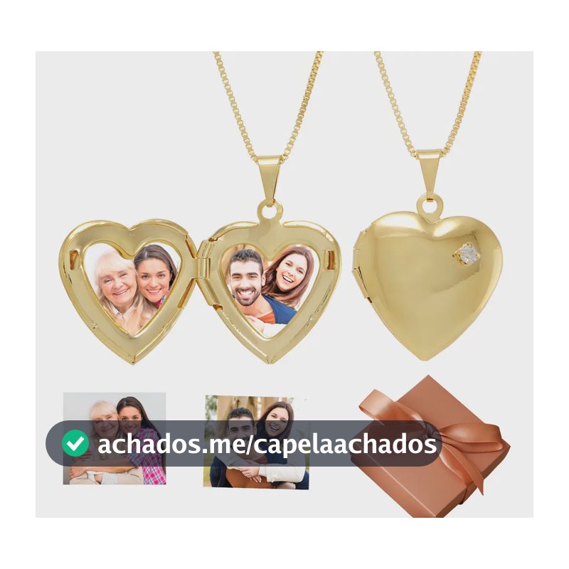 Colar Relicário Flavia Xavier Pingente Coração Banhado Ouro 18K com Fotos