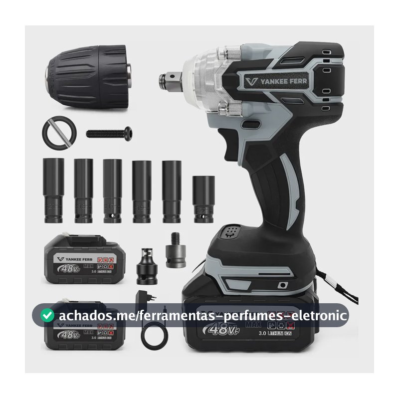 Chave De Impacto Sem Fio 48v Potente 2 Baterias Kit Soquetes Cinza 48v