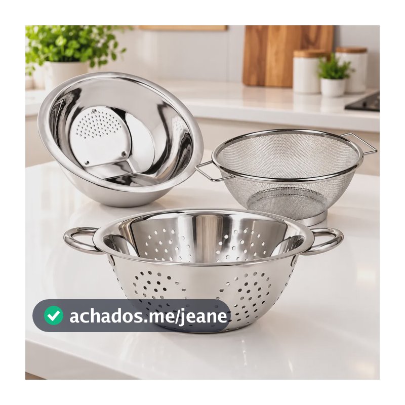 Kit 3 Escorredores Inox Arroz Macarrão Legumes Multiuso Cinza