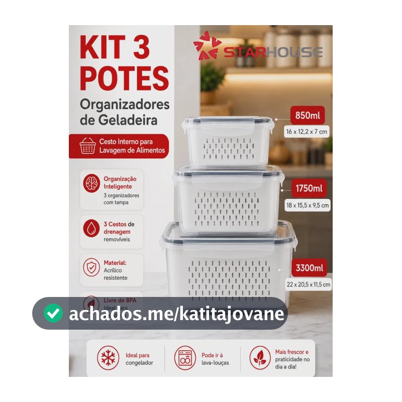 Kit 3 Organizadores Geladeira Alimentos Legumes Verduras Frutas Transparente Com Tampa Trava Hermético Escorredor - Starhouse