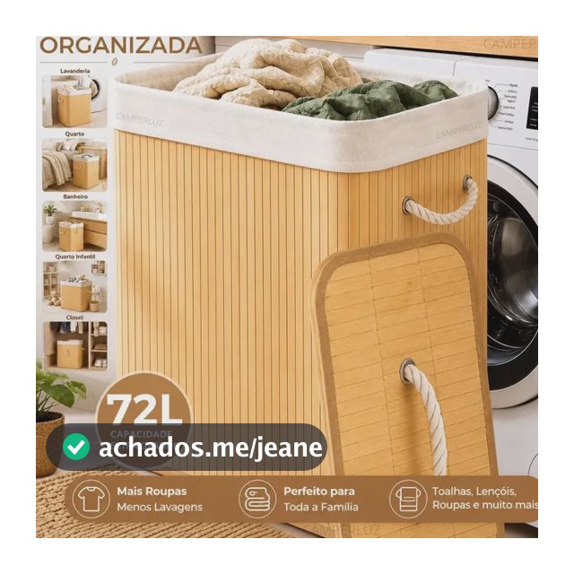 Cesto Organizador De Roupa Bambu Dobrável Retangular Com Tampa Forro e Alças 72 Litros Grande Capacidade Reforçado Caixa Organizadora para Brinquedos - Marca Macater