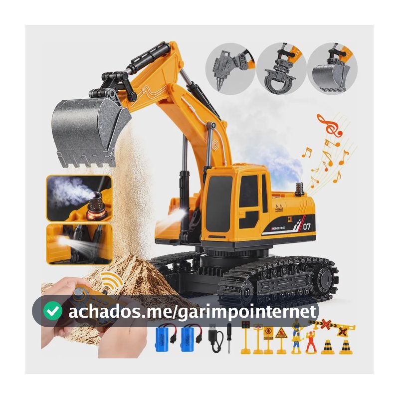 BrincaMundo Escavadeira Controle Remoto 3 em 1 com Spray, Pá de Metal, Garra e Martelo, 2 Baterias Recarregáveis, 11 Canais, 2,4GHz, Rotação 680°, Luzes e Sons