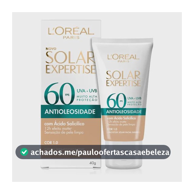 L'Oréal Paris Solar Expertise Antioleosidade, Protetor Solar Facial com FPS 60, 12h de Efeito Matte com Ácido Salicílico, Cor 1.0, 40g
