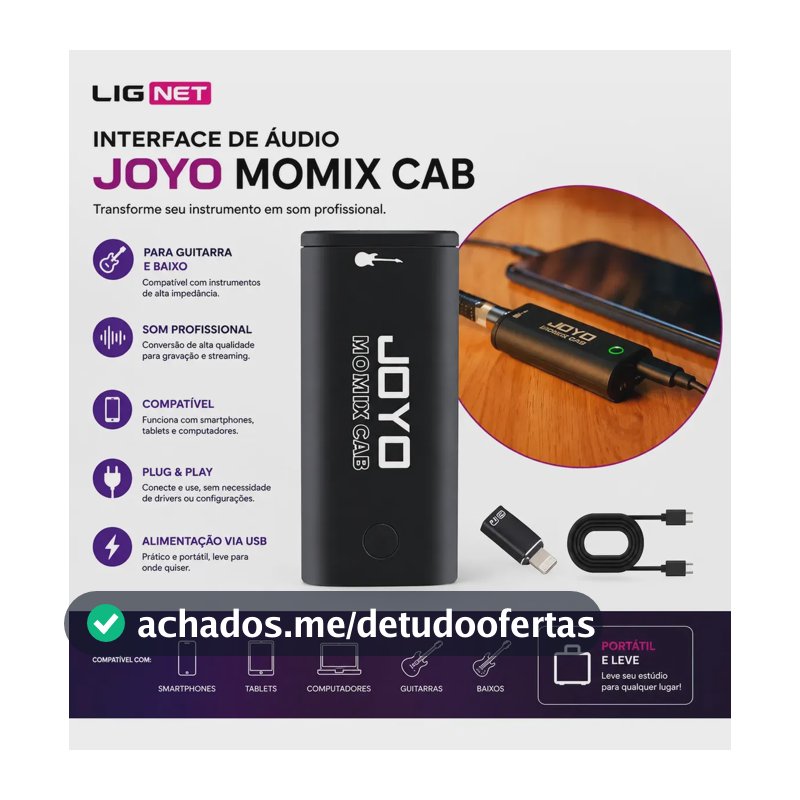 Mini Interface De Áudio Usb Joyo Momix Cab Lig Net Adaptador Mini Mixer Para Celular iPhone Android Pc Gravação Streaming Guitarra Plug & Play Compacta Profissional Preto