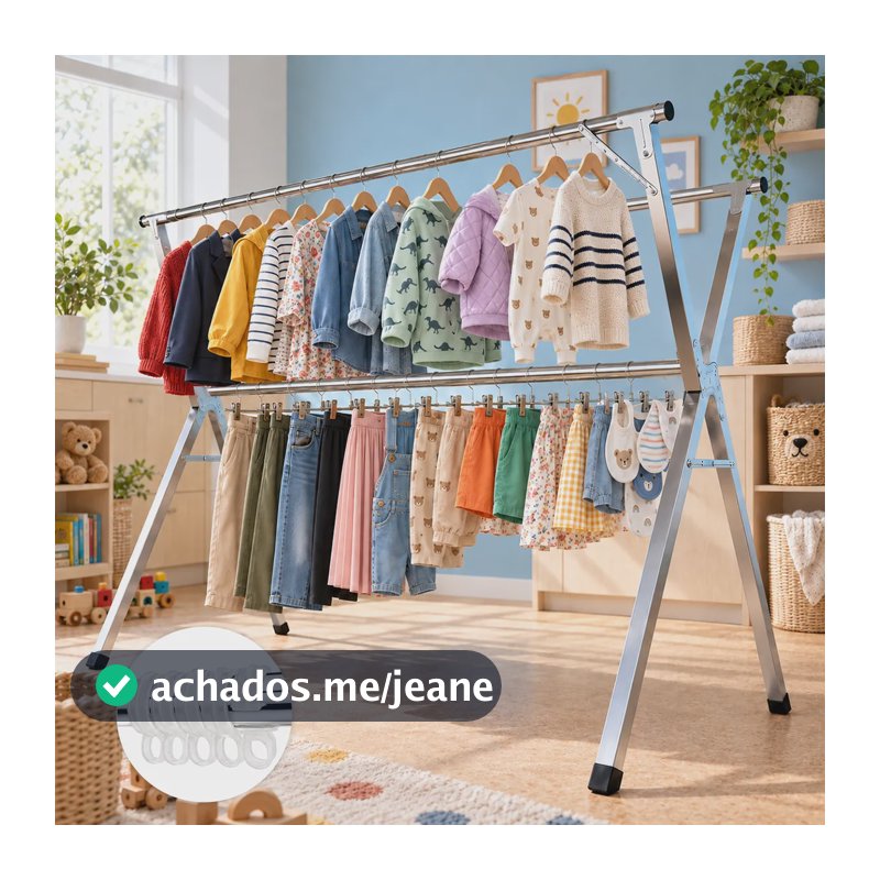 Varal De Chão Roupas Dobrável Grande Aço Inoxidável Hikuca Prateado