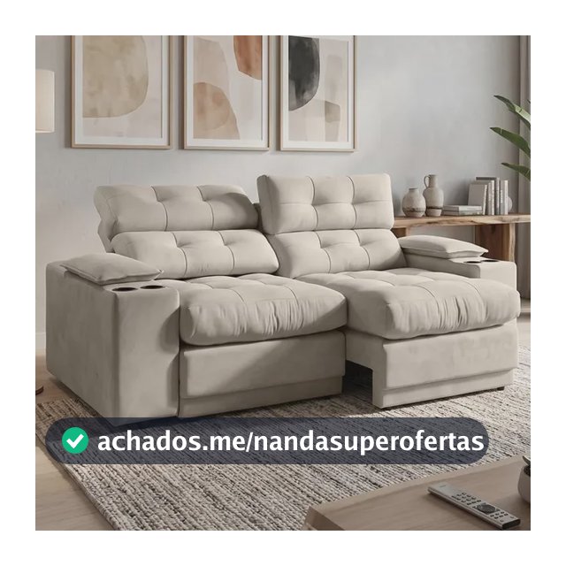 Sofá Angra 2m Retrátil Reclinável Porta Usb E Porta Copos Bege Tecido Velosuede