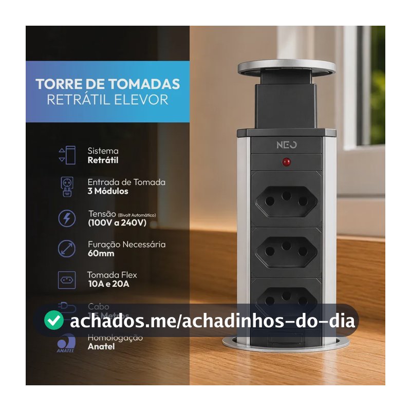 Torre 3 Tomadas Embutir Retrátil Elevor Para Bancada Cinza Cod: 370036672 Neo Avant