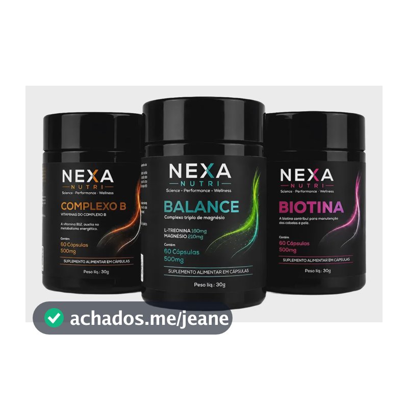 Kit Completo Tri Magnésio Balance Bisglicinato Quelato Malato Óxido com L-Treonina + Complexo B 8 Vitaminas com B12 + Biotina com Vitamina C e Ácido Hialurônico 3 Potes 180 Cápsulas - Nexa Nutri