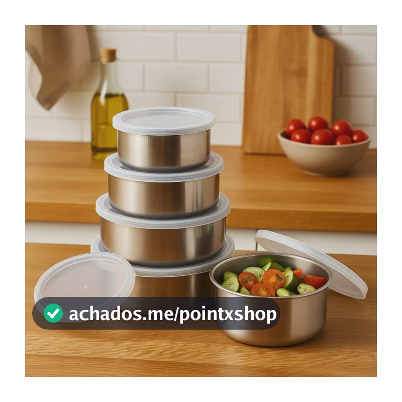 Conjunto Potes Vasilha Organizador Cozinha Geladeira Inox 5p Prateado