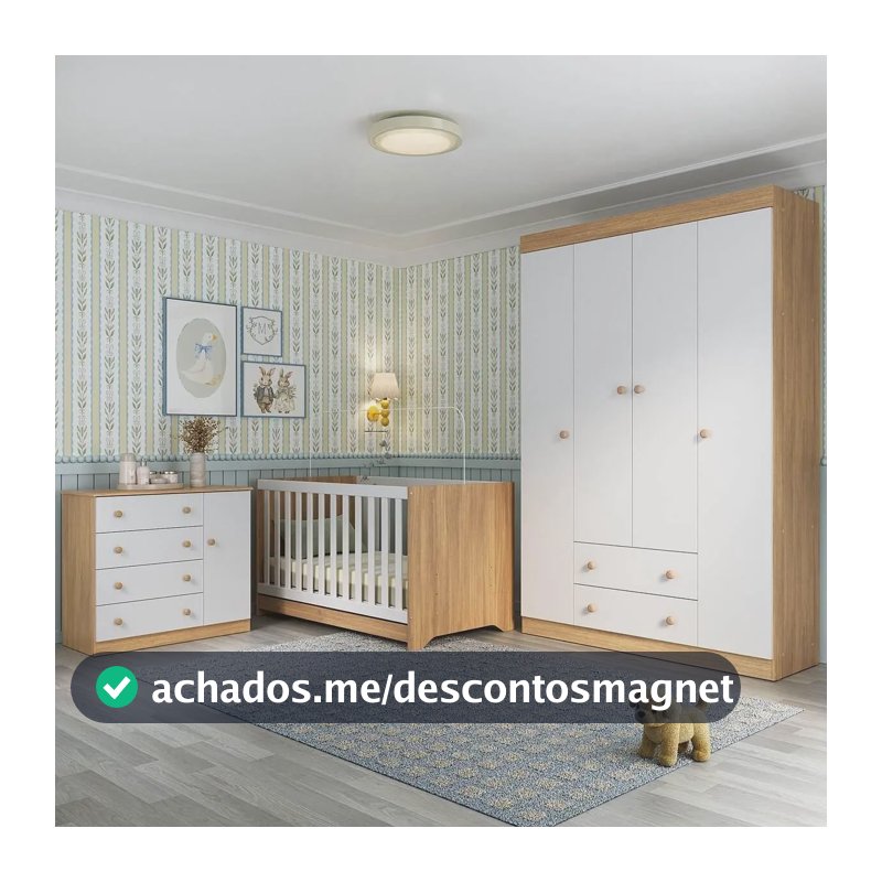 Quarto de Bebê Completo com Berço Americano 3 em 1 p/Colchão 130x70cm Encanto Multimóveis MP4581 Madeirado/Branco