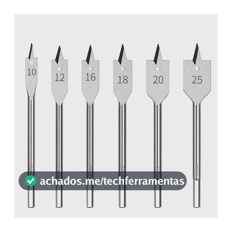 Jogo de Brocas Chatas para Madeira EVOFIX, com 6 Peças, de 10 a 25mm, para Furadeira e Parafusadeira