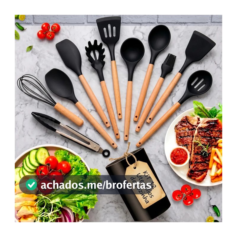 Kit 12 Utensílios De Cozinha Em Silicone Cabo Madeira Antiderrapante Resistentes Ao Calor Antiaderentes Ideal Para Panelas E Preparos Completos Ponte Lar Utilidades