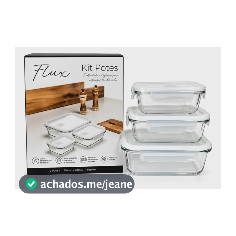 Kit 3 Potes Vidro Hermético Com Tampa Trava Vedação Marmita Transparente