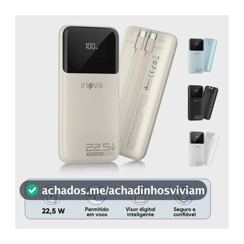 Carregador Portátil Inova Power Bank 10000mAh para iPhone e Samsung Com Carregamento Rápido de 22.5W