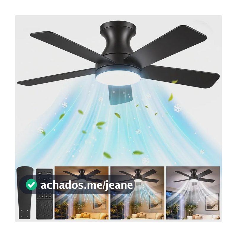 aweshine Ventilador De Teto 42 Luz Led Controle Remoto 6 Velocidades, 5 Pás, Motor Silencioso Para Sala ou Quarto preto