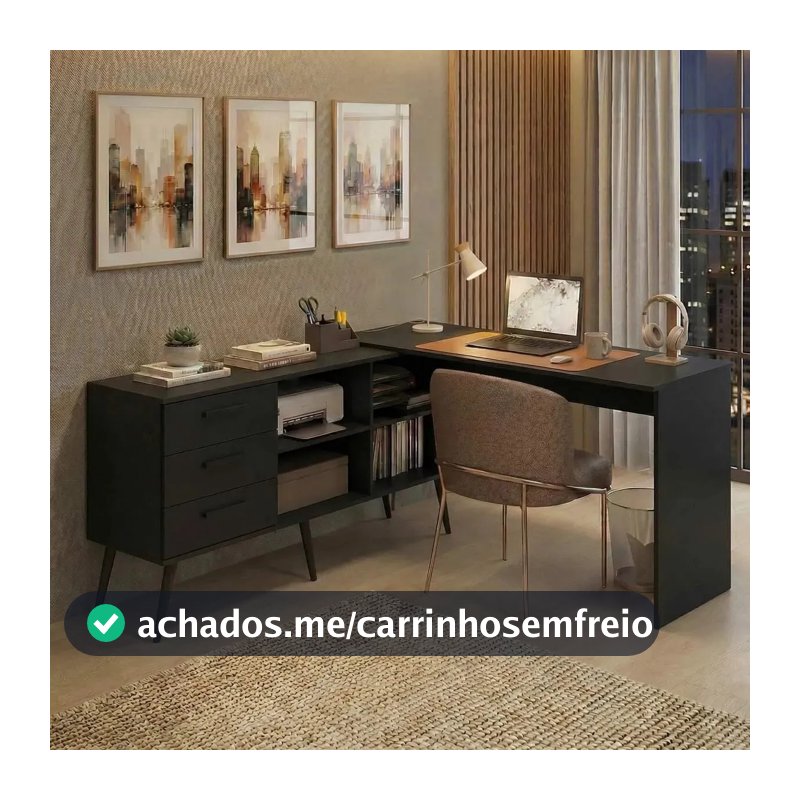 Mesa de Escritório em L com 3 Gavetas Porto Multimóveis MP6044 Preto