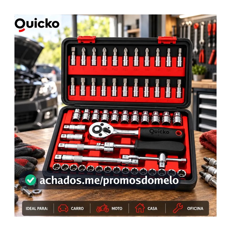 Kit Ferramentas 46 Peças Jogo Chaves Catraca Soquetes Allen Torx Fenda Phillips Maleta Completa Manual Mecânico Manutenção Casa Carro Oficina Profissional ajustes e reparos diversos montagens Quicko