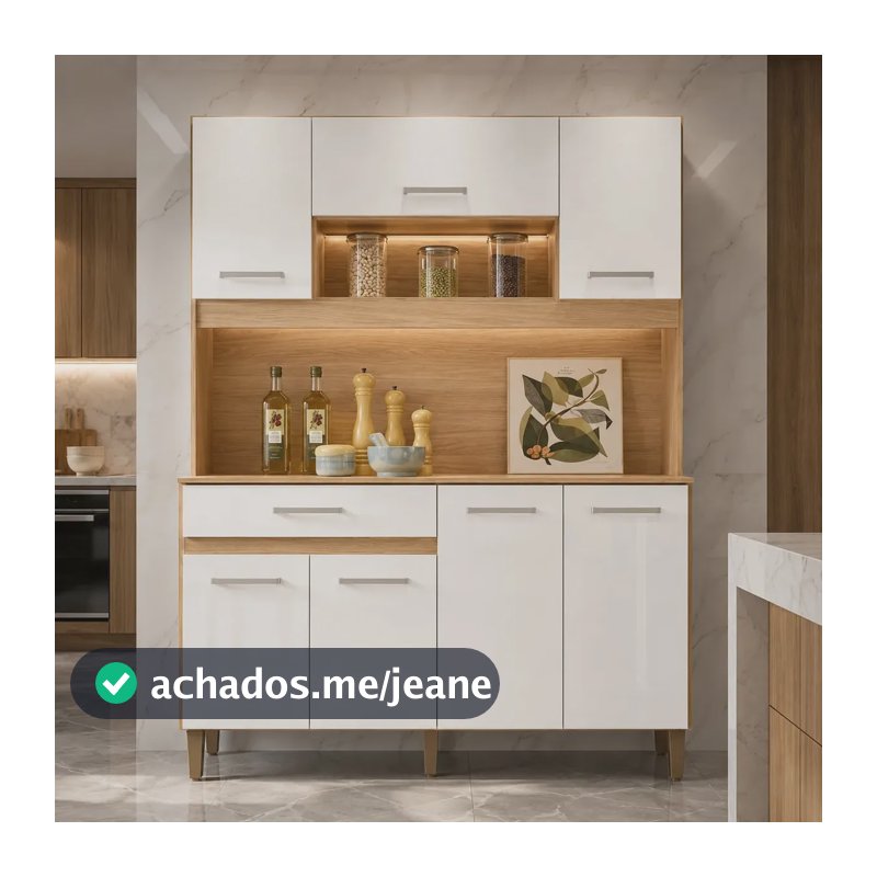 Kit Armário Nicioli Cozinha luxo 120 Magazin mdp 7 Portas 1 Gaveta Design Cozinha Moderna Cor Freijó Off White Cristal
