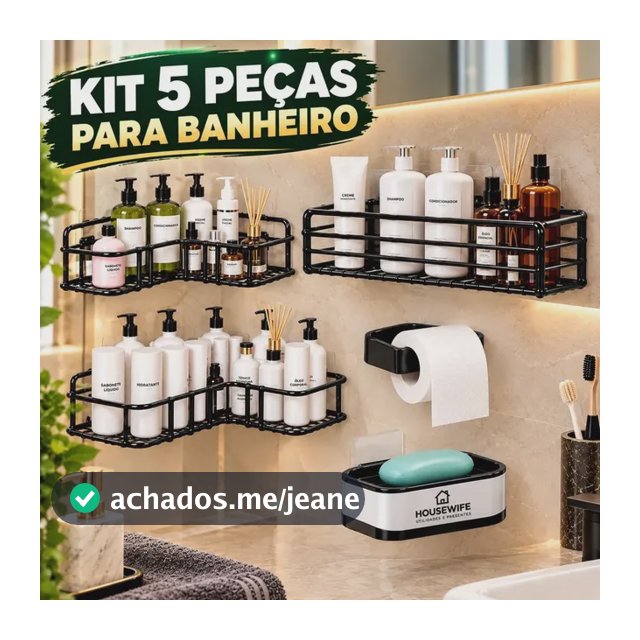 Kit 5 Suporte Porta Shampoo Housewife Utilidades e Presentes + Saboneteira Prateleira Banheiro Adesivo Parede Sem Furar Box Luxo Cor Preto
