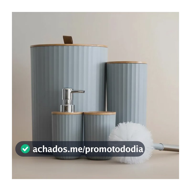 Kit Banheiro Lavabo Bambu 4 Peças Lixeira Escova Dispenser Cinza