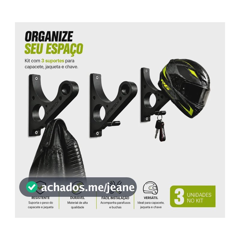 Kit 03 Suporte Pendurar Capacete Acessório Chave Parede Fixo Preto