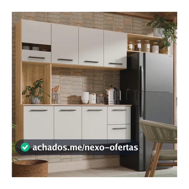 Armário de Cozinha Completa Aéreo 7 Portas e 2 Gavetas Planejada Suspenso Branco Off White Carvalho Nature Amadeirado Juliana