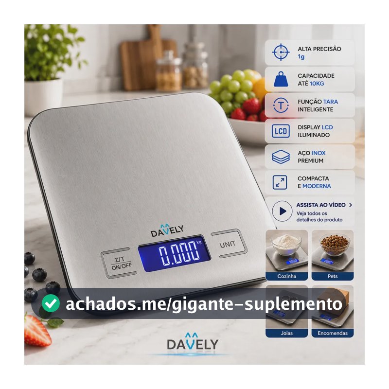 Balança Digital Cozinha 10kg Touch Alta Precisão Portátil Balança de Cozinha Profissional Para Pesar Alimentos Confeitaria Dieta Fitness Nutricional Eletrônica Display LCD Aço Inox Função Tara Davely