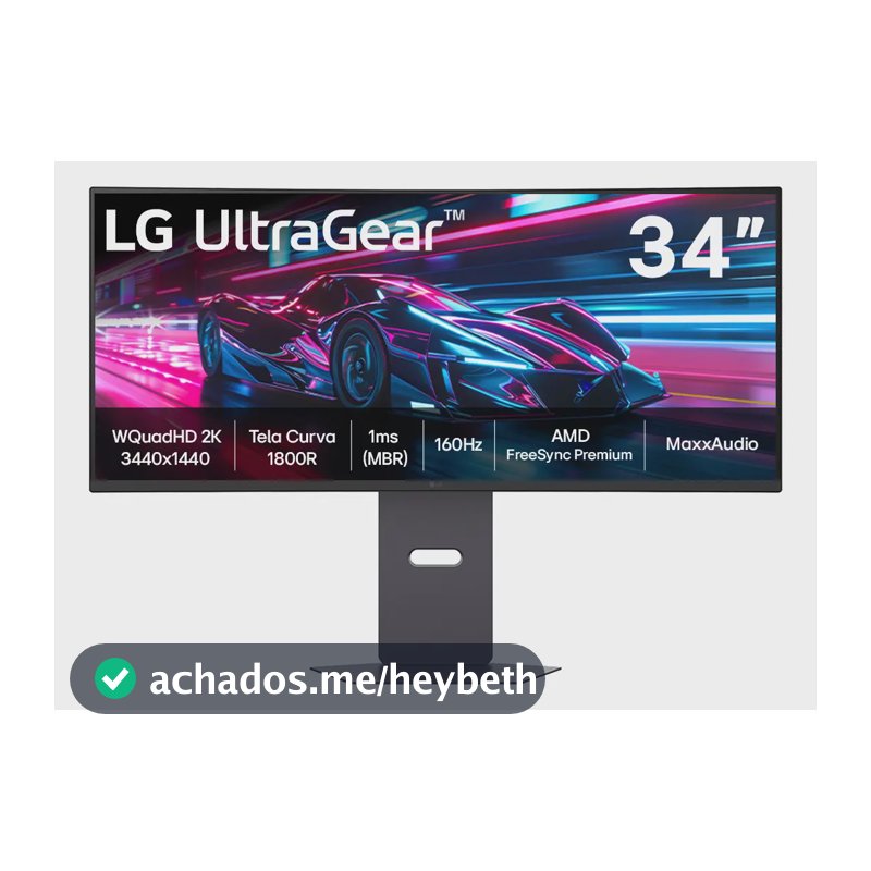 Monitor Gamer LG UltraGear Curvo 34"- QuadHD 2K, UltraWide 1800R, 160Hz, 1ms (MBR), AMD FreeSync Premium, HDR10, MaxxAudio, Preto -34G600A