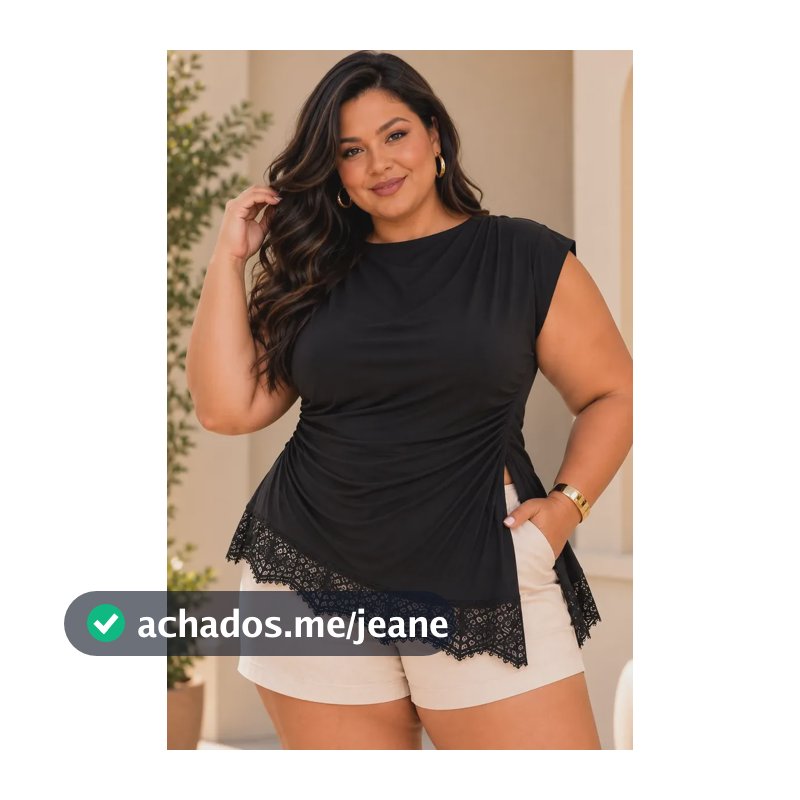Blusa Plus Size Feminina Assimétrica Com Renda Elegante Preto Liso G2 (52/54)