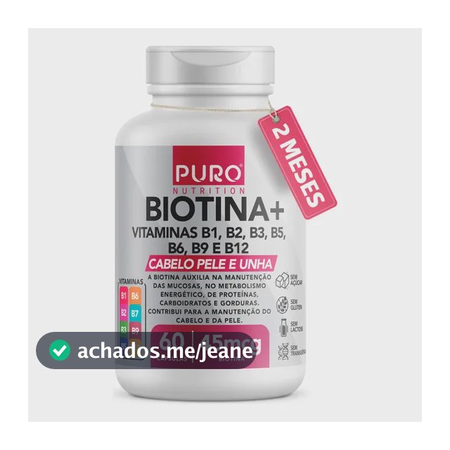Biotina + Puro Nutrition Pele, Cabelo e Unhas, 45 mcg de Biotina por dose, Vitaminas B1, B2, B3, B5, B6, B9 e B12, 60 Cápsulas
