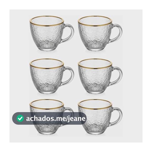 Jogo 6 Xícaras Café Chá 100ml Vidro Borda Dourada Luxo Dourado Martelado