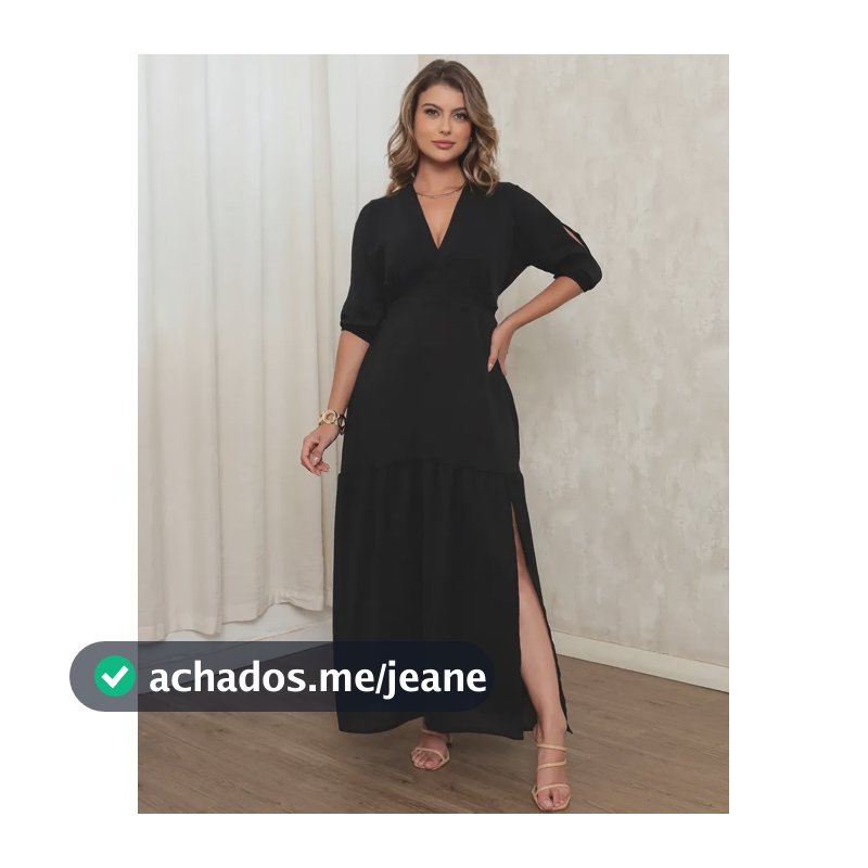 Vestido Longo Com Fenda Manga Elegante Chique Sofisticado Preto Gg (46/48)