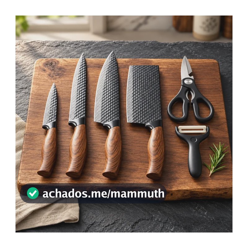 Kit Jogo De Facas Inox Corte Afiado 6 Peças Cutelo E Tesoura Amadeirado