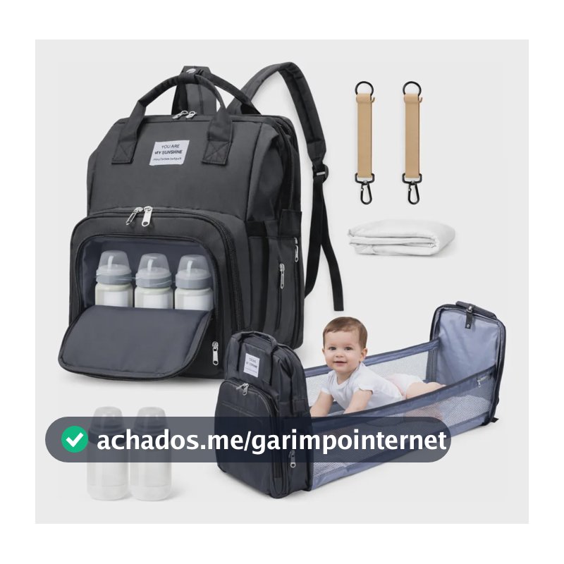 Bolsa Maternidade Porta Fraldas Vira Berço Porta Mamadeira Preto Liso