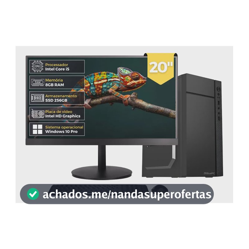 Computador Completo Flash, Intel Core i5 3470, RAM 8GB, SSD 256GB, Bivolt, Preto, Monitor 20" LED HDMI, Windows 10 Pro - BluePC DOE-0140FL