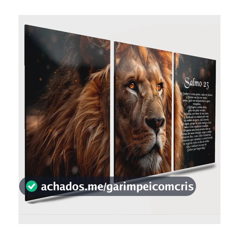 Quadro Leão 3 Peças 40x60cm Com Texto Do Salmo 23 Marrom / Tons Terrosos Preto (borda Fina Visível)